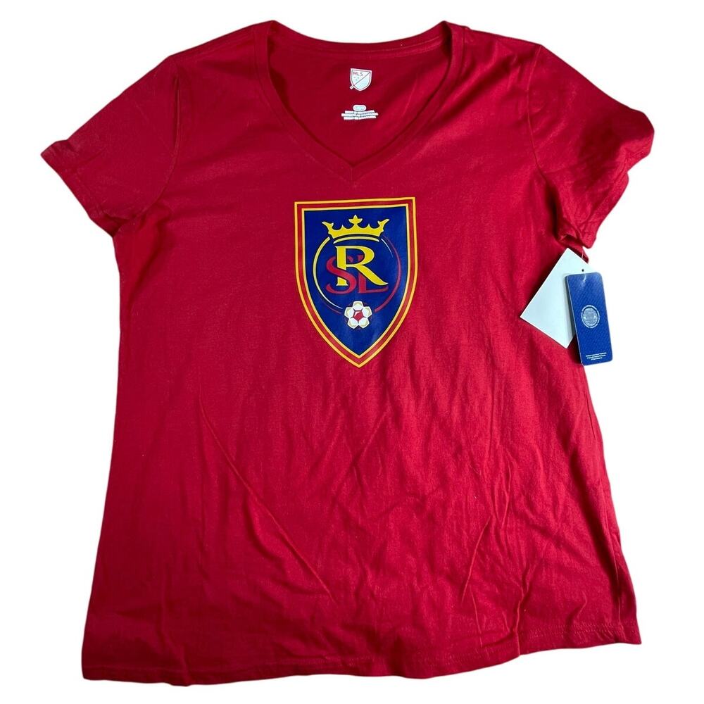 Real Salt Lake MLS Soccer Shirt Womens Large Red Short Sleeve V-Neck Tee NWT